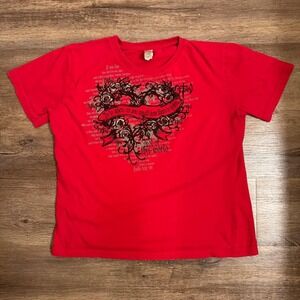 Vintage NOTW Red Y2K Christian Graphic Tee Grunge Skater Heart Rose L